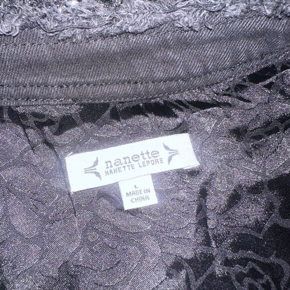 NWT Nanette Lepore Black Sequined Boucle’ Frayed Denim Trim Jacket Tweed Blazer - Picture 12 of 12